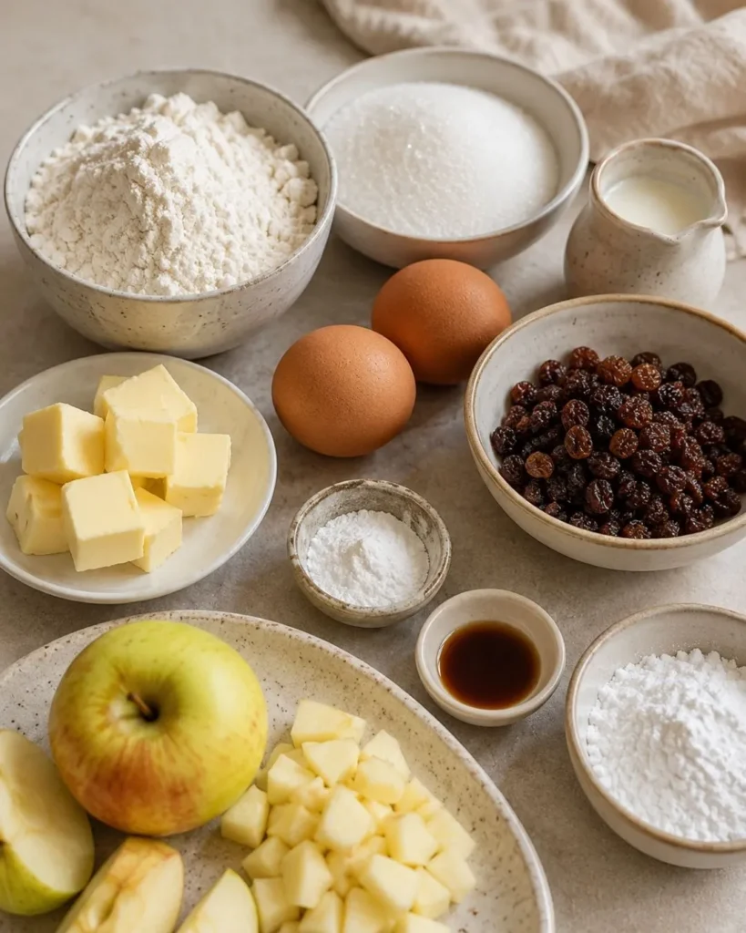 Ingredients de Gâteau moelleux pomme rhum raisins