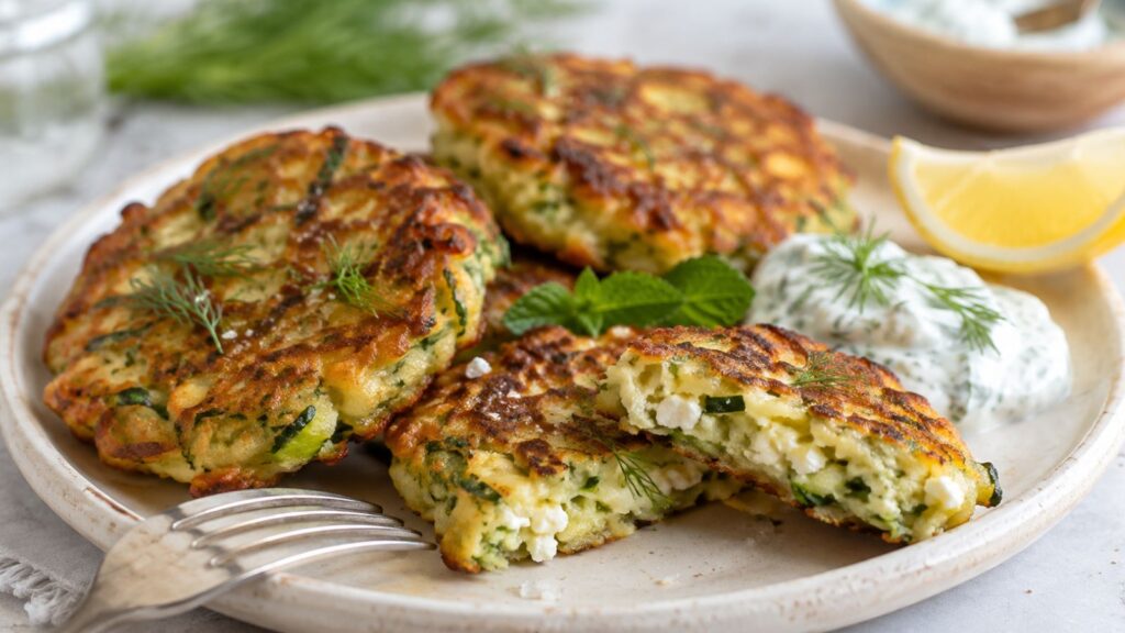 Galettes de Courgettes à la Grecque : Le Secret pour Qu’elles Soient Bien Croustillantes 3 Galettes de courgettes à la grecque coupées avec feta, herbes fraîches et sauce au yaourt