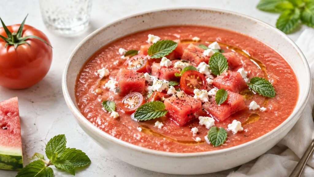 Gaspacho de Pastèque, Tomate et Feta : Ultra-Frais et Sans Cuisson 3 Gaspacho de pastèque tomate et feta ultra-frais Rapide