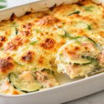 Gratin de ravioles au saumon et courgettes crémeux