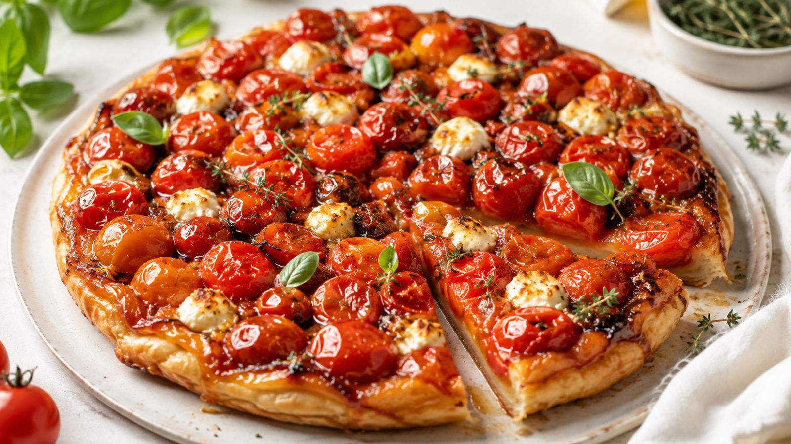 Accueil 4 Tarte Tatin aux Tomates Cerises, Chèvre et Miel : Une Recette Fondante et Caramélisée