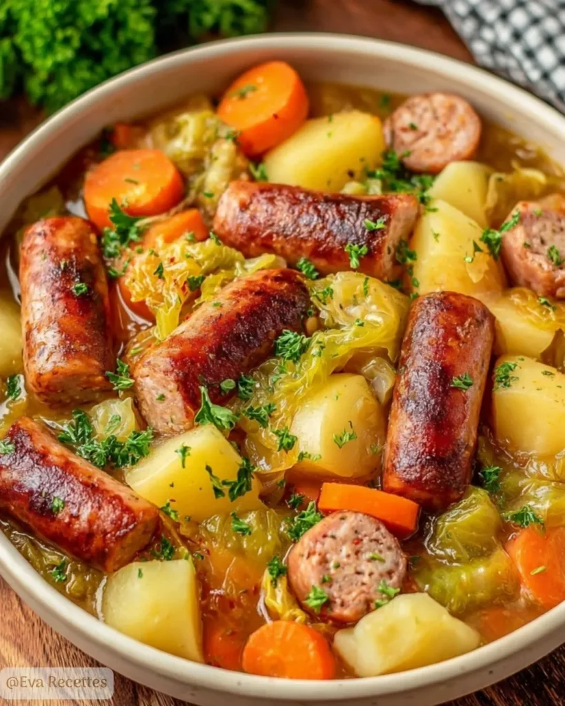 Chou vert braisé aux saucisses et légumes 3 Chou Vert Braisé aux Saucisses, Pommes de Terre