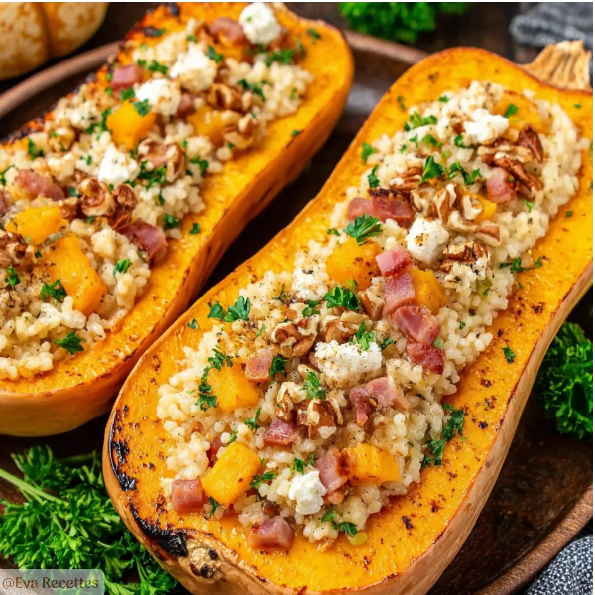 Accueil 1 Butternut farcie au chèvre et noix