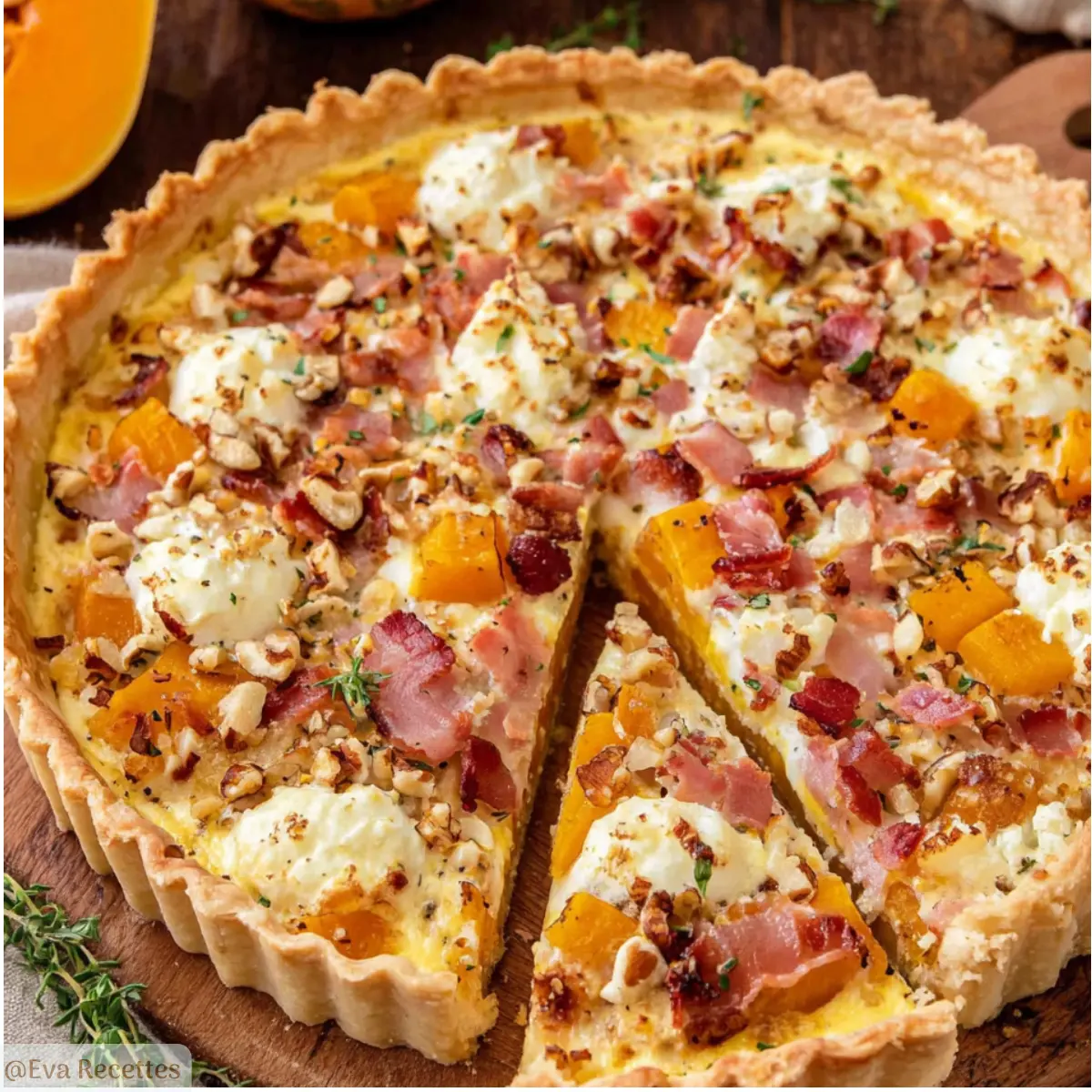 Tarte butternut chèvre lardons noisettes